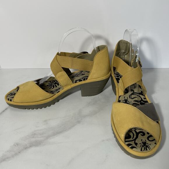 Fly London CRISSCROSS Peeptoe Sandal Size 10/41 Bumblebee Bronze Block Heel NEW - Picture 2 of 13